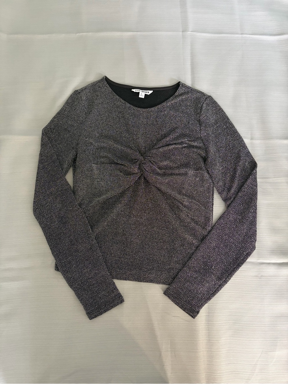 Steve Madden Metallic Charcoal Twist-Front Long Sleeve Top